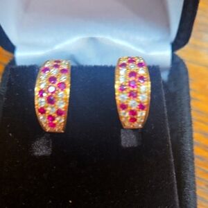 Estate 18 KT Rose Gold  Ruby Diamond Earrings 4.8 grams